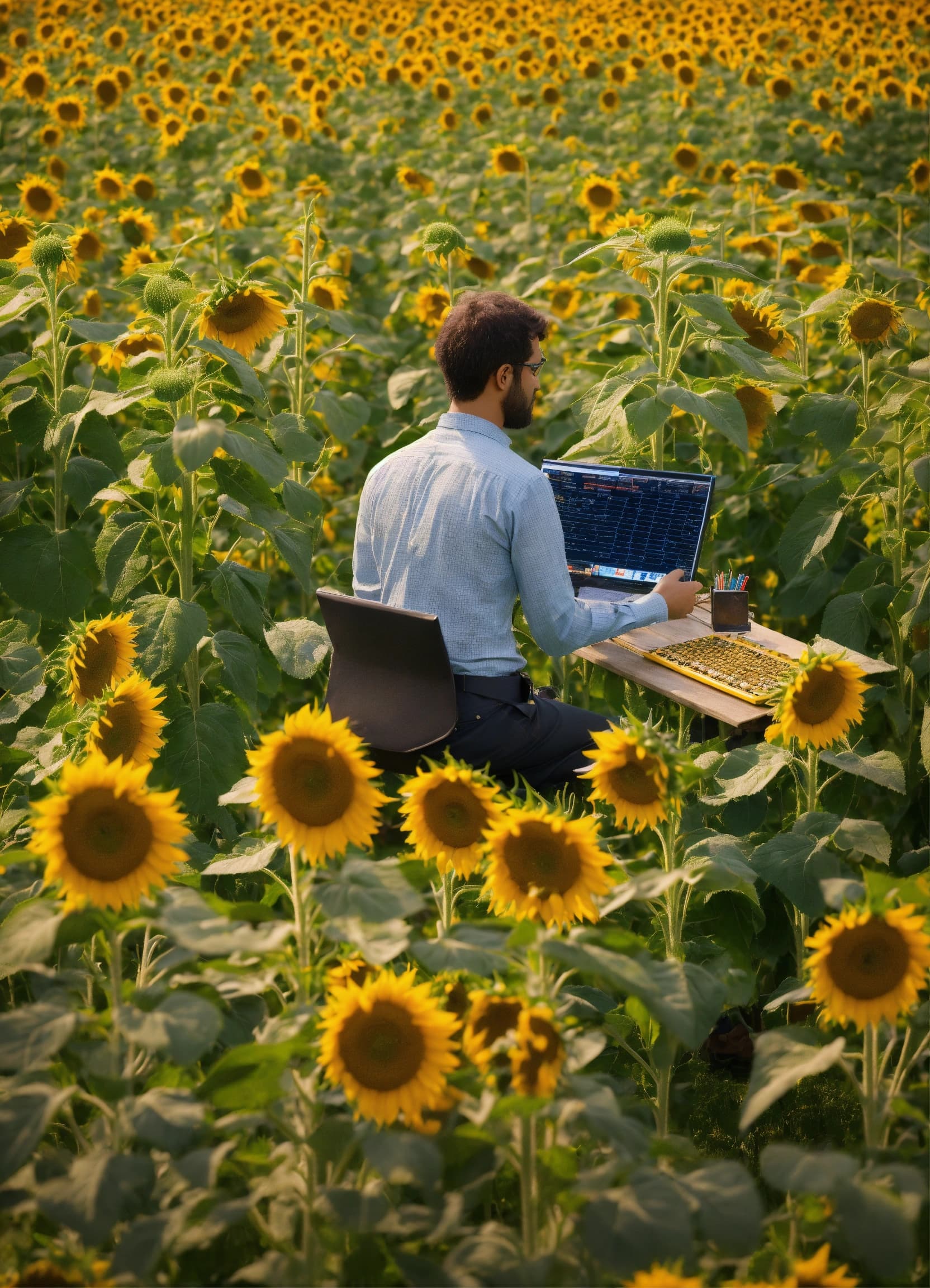 Persona trabajando con una laptop en un campo de girasoles.